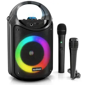 MASINGO Karaoke Machine with 1 Wireless Mic and 1 Wired Mic, PA Speaker with LED Lights, Supports TF Card/USB, AUX/MIC in, TWS for Home Party, Rechargeable Audio Equipment with Bluetooth, Charging Handle, and Smartphone Compatibility - Burletta C10 V1