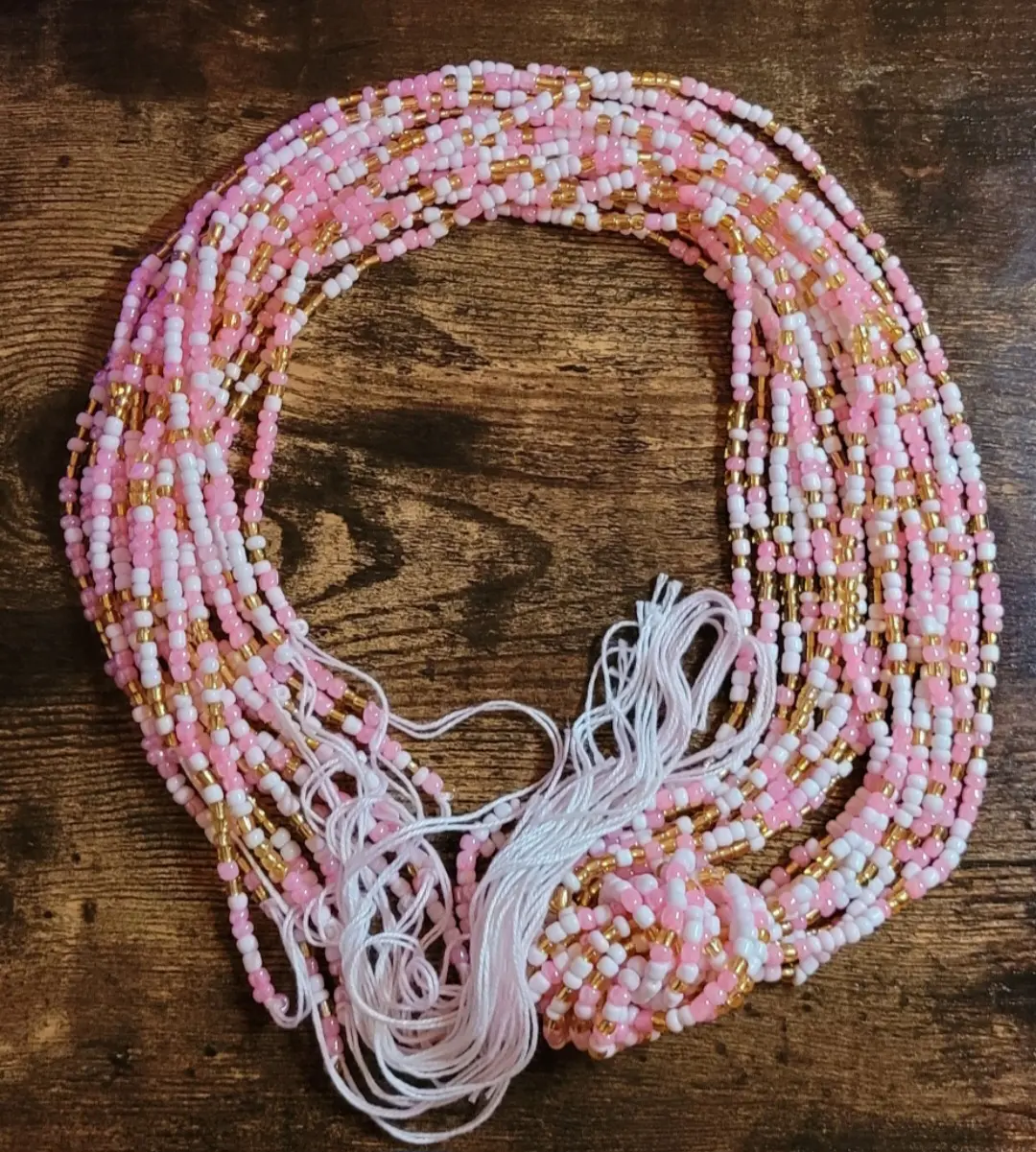 Tie On Body Jewelry - White, Pink, & Gold Waistbeads PLUS SIZE for Women, 55" Length