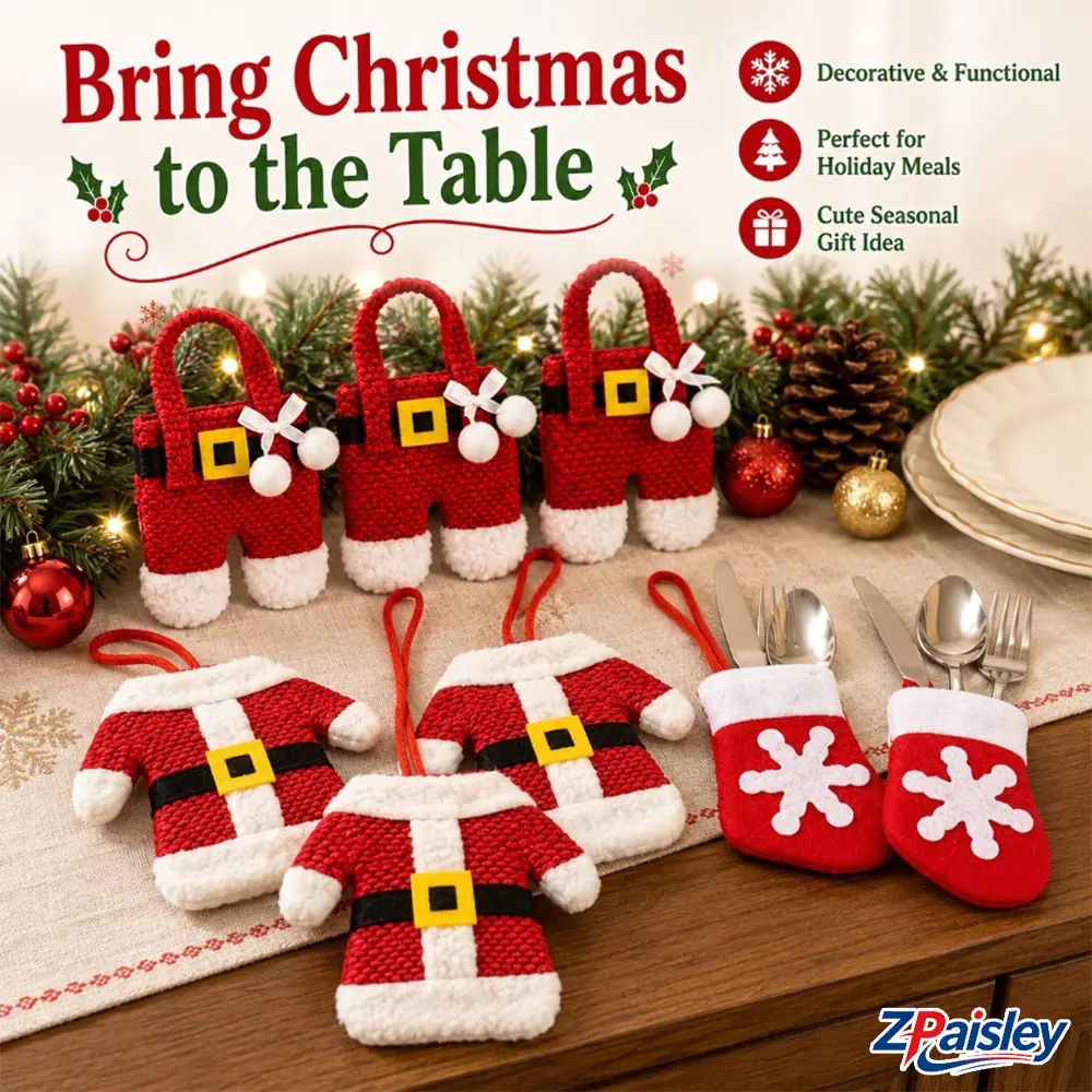 8Pcs Christmas Flatware Holders, 3 Styles Knitted Santa Suit & Snowflake Stocking Silverware Pouches with Soft Plush Trim, Festive Cutlery Organizer Sleeves for Holiday Dinner, Christmas Party Table Setting, Fits Standard Forks Spoons Knives