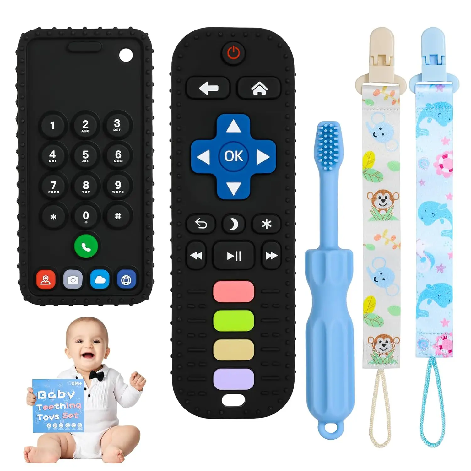 Baby Teething Toys for 3-24 Months, Remote Control & Cell Phone Shape Teethers, BPA Free Silicone Chew Toy, Infant Sensory Toys for Boys & Girls, Refr