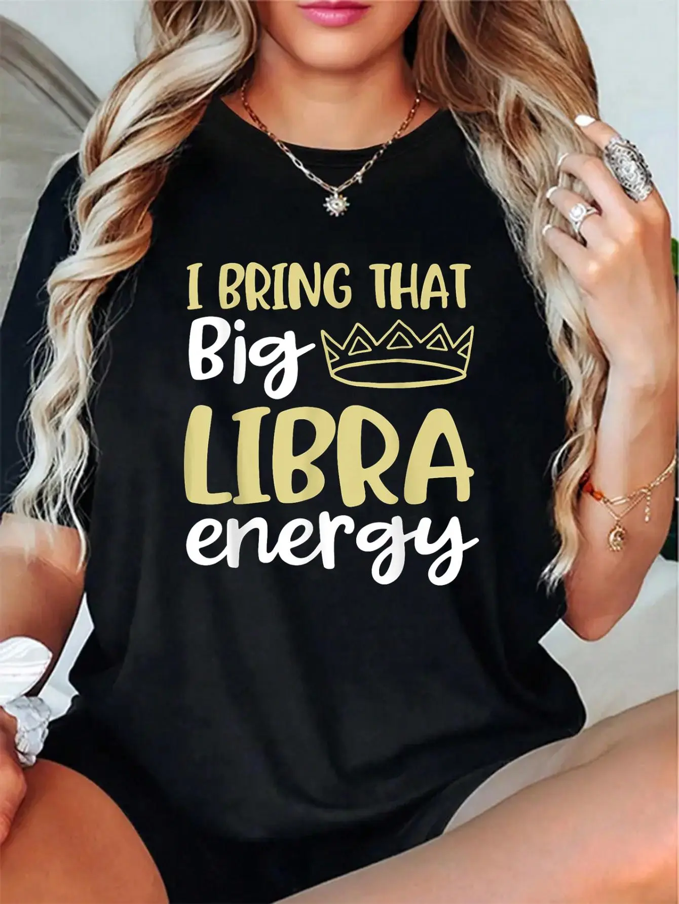 100% Cotton Unisex I Bring That Big Libra Energy Libra Queen King Birthday Men T-Shirt，180g Printed Round Neck Short Sleeve Y2K T-Shirt