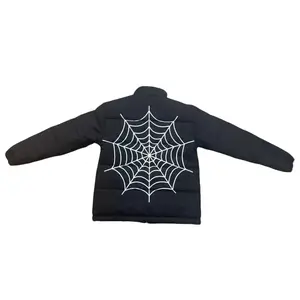 XBRAND Spider Web Puffer Jackets - Black Puffer Jacket with White Spider Web Design for Men