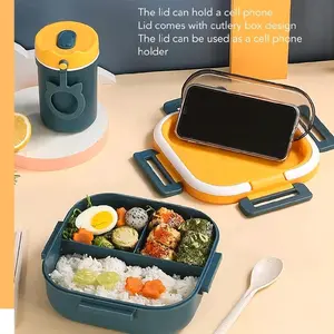Leak-Proof Bento Box with Cutlery Set Modern Portable Lunch Container for Work School and Dining Out Durable Plastic Square Design Ideal for Salads Snacks and Main Courses Bento Lunch Box with Phone Holder Lid Stylish