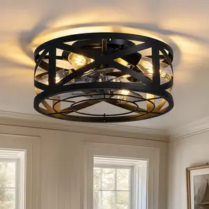 Caged Ceiling Fans with Lights and Remote, 16" Flush Mount Ceiling Fan, 6 Speed and Reversible, Small Farmhouse Ceiling Fan Light for Bedroom, Kitchen, Indoor - (Black)