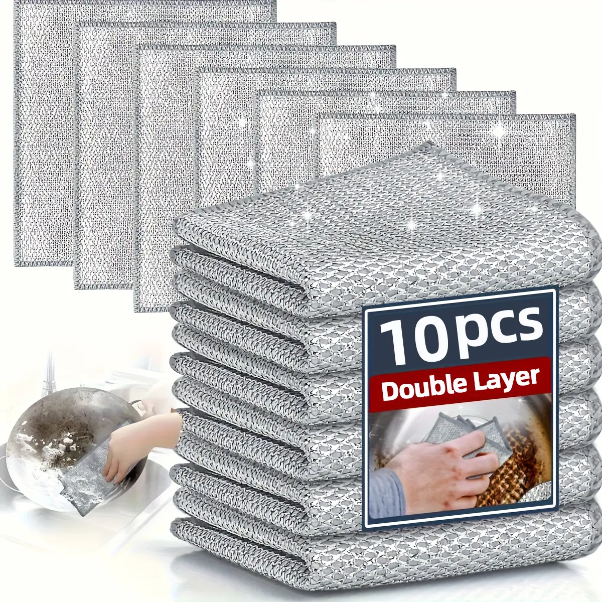 10/50/100 Pcs Of Double Layer Metal Wire Cleaning Cloths, Multi Purpose Non Scratch Stainless Steel Rags, Metal Miracle Cleaning Pads, Reusable Steel Wire Dish Cloths For Kitchens, Sinks, Pots And Dry And Wet Cleaning