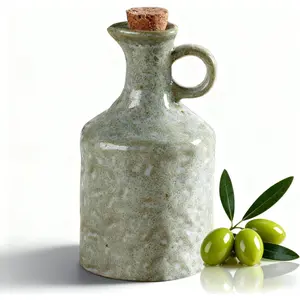 Ceramic Olive Oil Dispenser with Cork Stopper, Reactive Glaze Texture Oil Bottle, Leak-Proof Small Spout for Kitchen, Great for Storing Vinegar, Wine, Soy Sauce, Lemon Juice (GREEN)