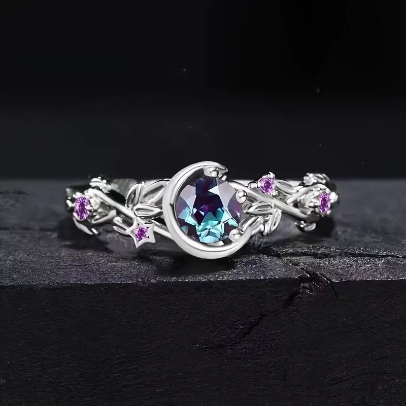 Fashion Luxurious Women's Artificial Zirconia Moon Ring, Silver and Gold Hollow Flower Colorful Artificial Crystal Ring, Elegant Wedding Party Marriage Ring Accessories