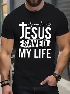 Men's Fashionable Round-neck Short-sleeve T-shirt with "JESUS SAVED MY LIFE" Letter Print, Casual and Comfortable, Suitable for Daily Home Wear, the Perfect Choice for Summer