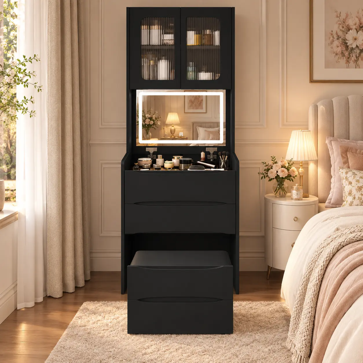 Black Makeup Vanity Cabinet with LED Mirror, Tall Storage Cabinet with 2-Door Upper Organizer and 3 Drawers for Bedroom, Small Space Makeup Storage