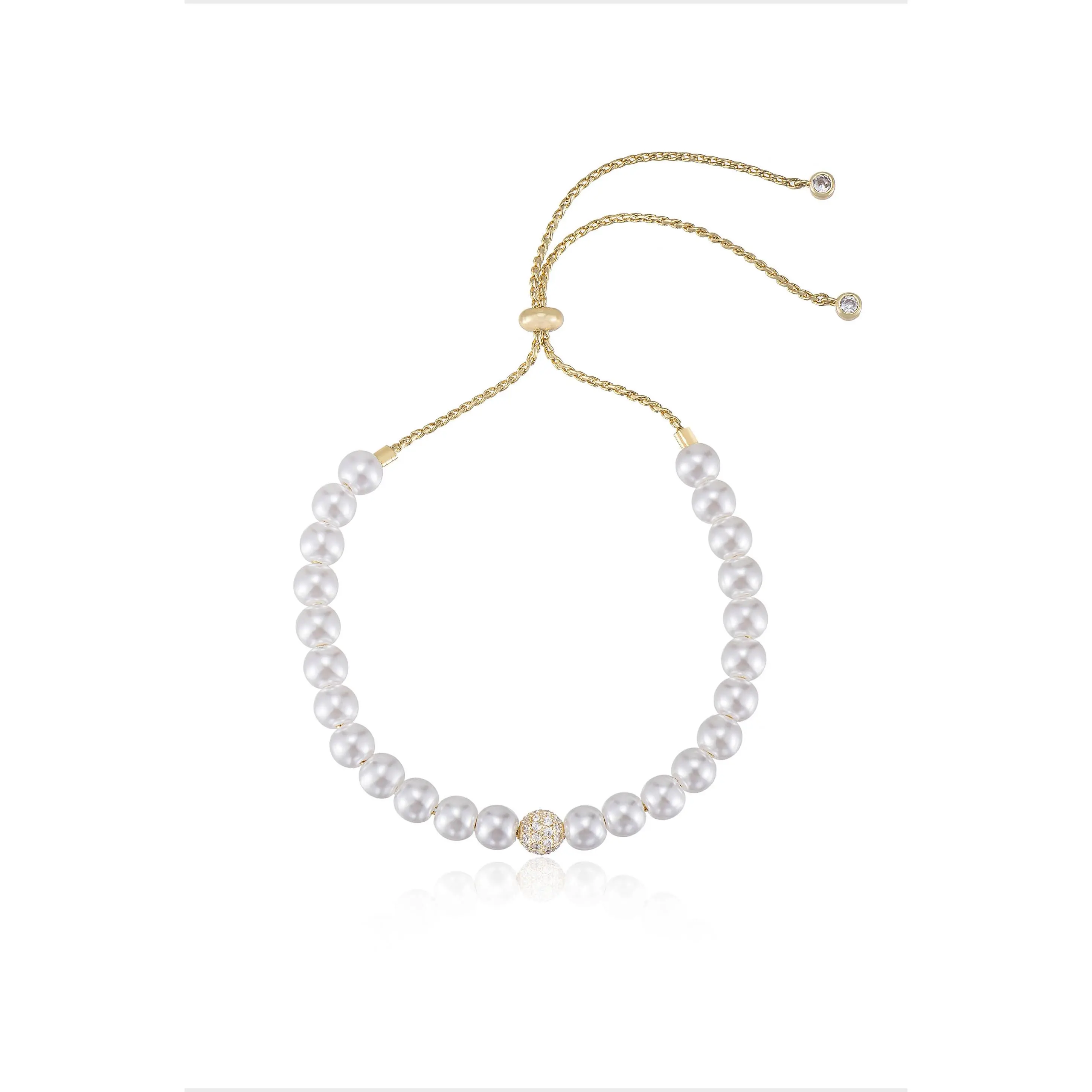 Pearl Adjustable Bracelet – 18K Gold Plated Faux Pearl & Cubic Zirconia Bracelet for Women, Adjustable 11.5” Fit, Elegant Everyday Jewelry