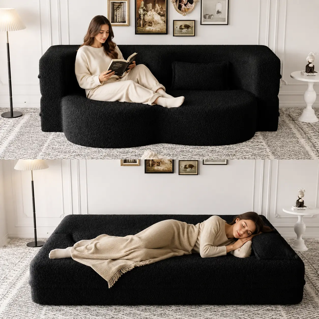 SZLIZCCC Boucle Convertible Sofa Bed with Pillows, Curved Folding Loveseat & Floor Sleeper for Living Room Bedroom