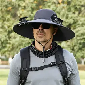 Bucket sun hat viral tiktok solar fan hat dual power rechargeable cooling wide brim cap UPF50 UV resistant lightweight breathable for summer fishing hiking camping beach