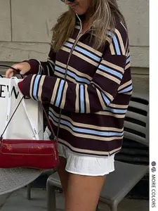 Women's Valentine's Day Casual Striped Zip-Up Long-Sleeve Color Block Top, Womenswear, Fitted Style for Fall and Winter