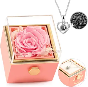 Preserved Real Pink Forever Rose Rotating Box with I Love You Necklace 100 Languages,Eternal Flower for Delivery  Mother'S Day for Her Women Mom Grandma Wife Girlfriend HGW