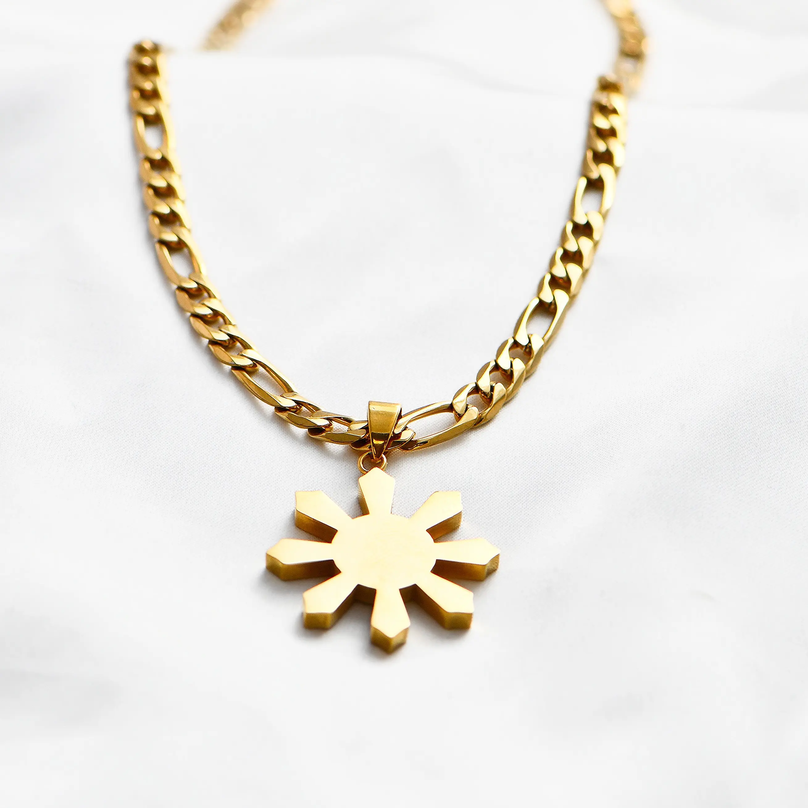 MEN'S MABUHAY SUN NECKLACE FIGARO CHAIN | 18K Gold Plated Stainless Steel Waterproof & Tarnish Resistant Figaro Chain - Inspired by the Iconic Filipino Sun Symbol
