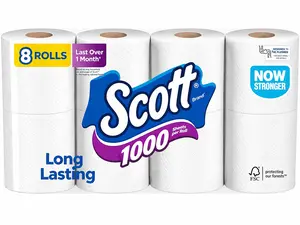 Scott 1000 Long Lasting & Strong Absorbent Paper Towels 8 Roll Kitchen Tissue Multi-Purpose Household Cleaning Rolls Soft Durable Wipes Perforated Sheets - Pack