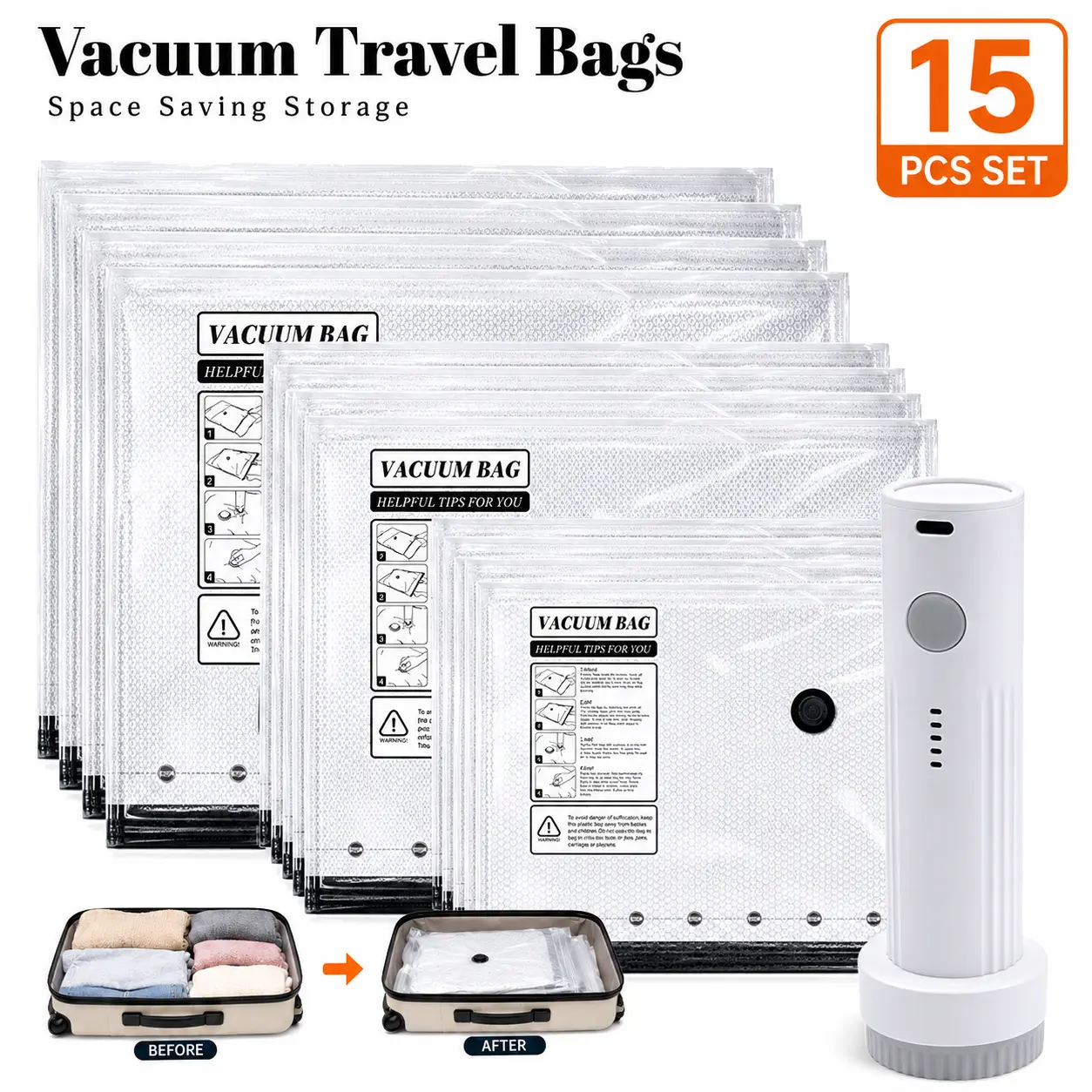 【2026 Upgraded】X7 Cordless Travel Vacuum Bag SetVacuum Bags for Travel withRechargeable air Pump, 15 Pack Carry-on Size Compression Packing Bags forLuggage and Suitcase, Space Saver forClothes and Clothing Travel ZipperPouches Organiser