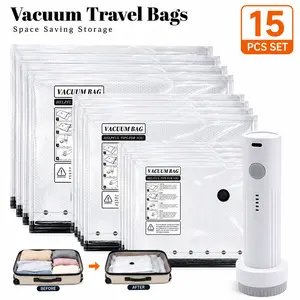 【2026 Upgraded】X7 Cordless Travel Vacuum Bag SetVacuum Bags for Travel withRechargeable air Pump, 15 Pack Carry-on Size Compression Packing Bags forLuggage and Suitcase, Space Saver forClothes and Clothing Travel ZipperPouches Organiser