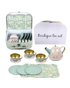 Floral Checked Pattern Tea Party Set for Kids Age 3+ with 15 Pcs and Carrying Case