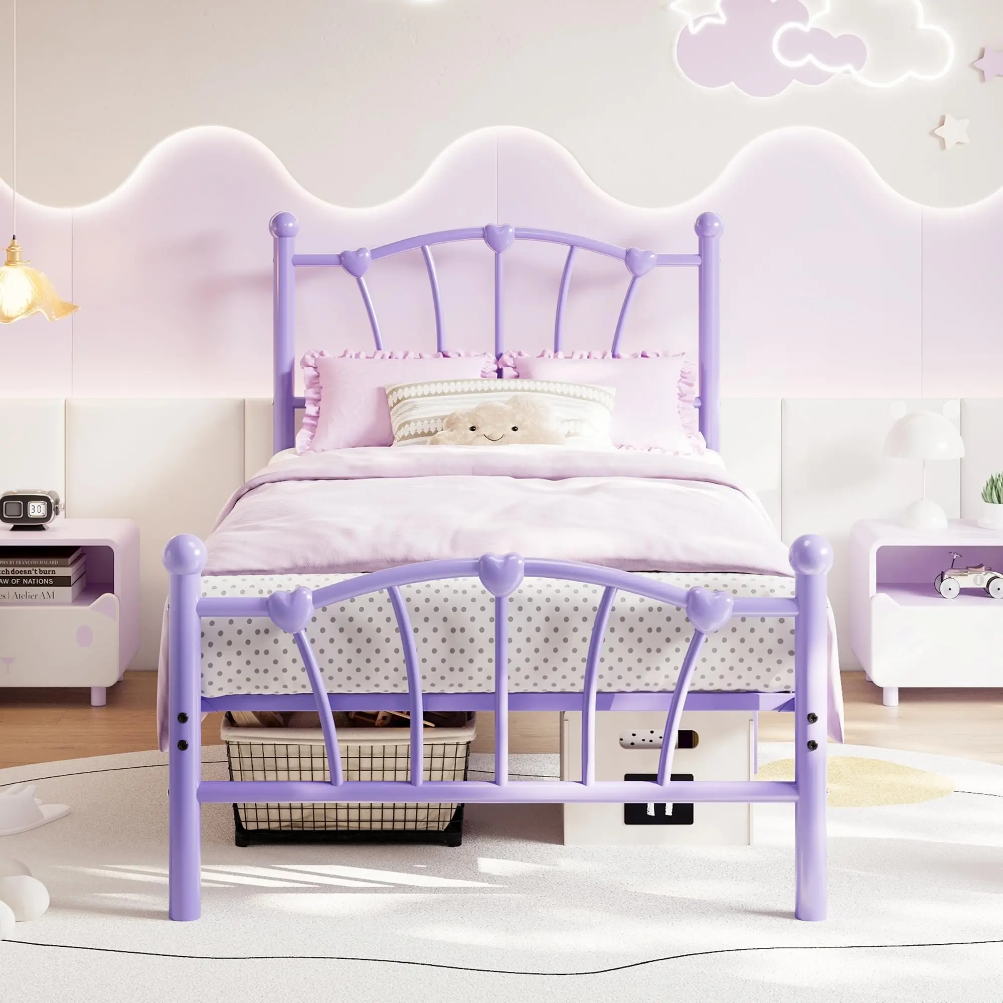 Garvee Twin Size Heart Shaped Metal Bed Frame in Purple with Headboard, Footboard, Sturdy Slat Support, Platform Design, No Box Spring Needed, and Underbed Storage Space