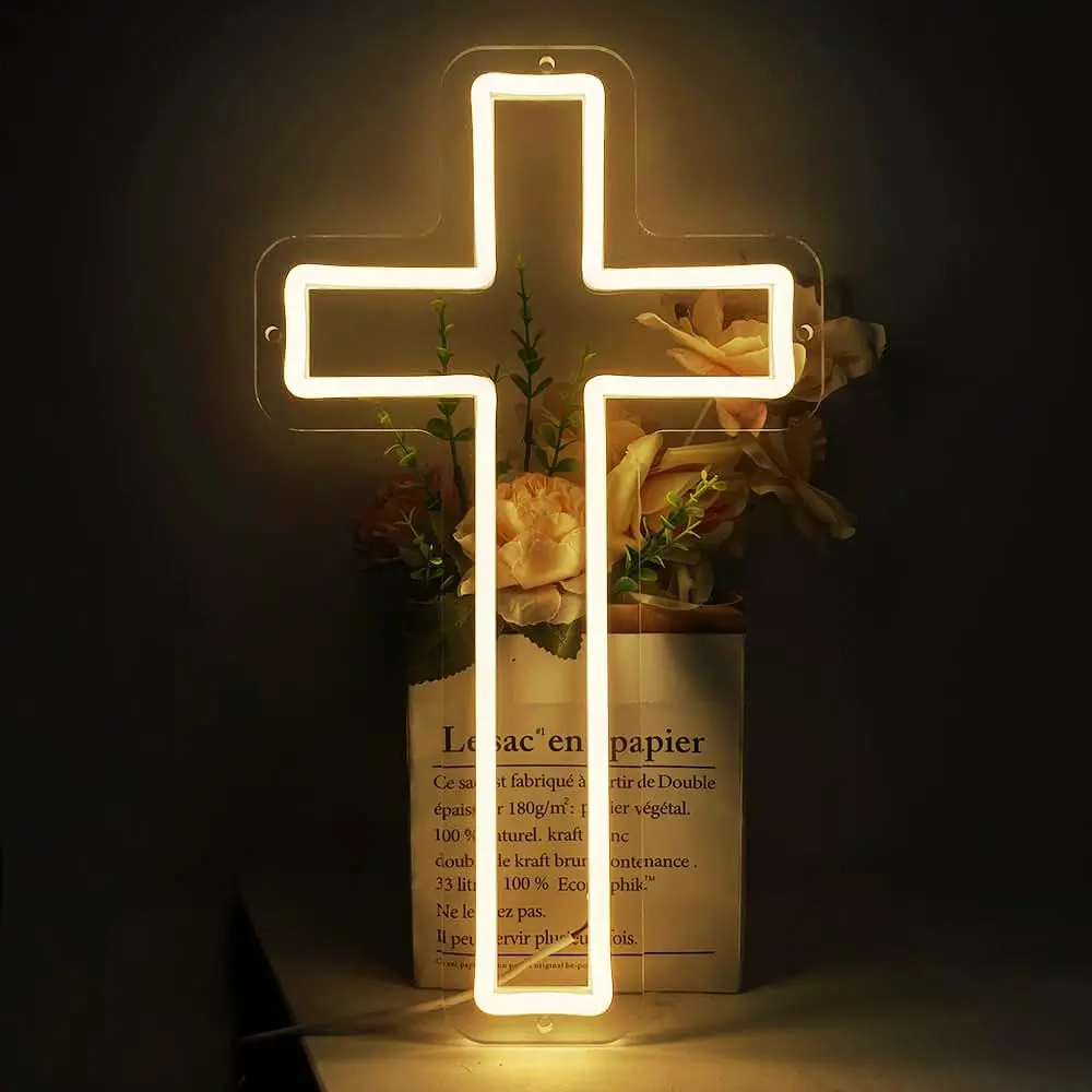 Cross Neon Light LED Wall Decor, Decorative Neon Light, Home Bedroom USB Powered Lamp, Art Atmosphere Light, Led Neon Lights, Perfect for Easter Christmas Wedding Decoration