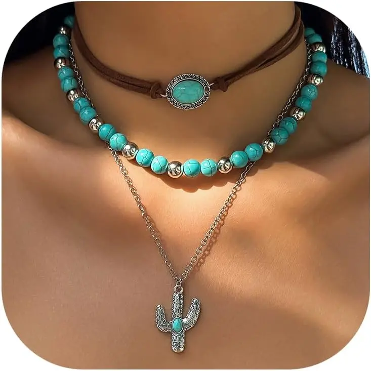 Women's Western Style Layered Necklaces - Vintage Turquoise Beaded Jewelry with Ox-Head, Cactus, Cross Chains, Ideal for Country Concerts, Cowgirl Dresses Accessories, Western Style Necklaces