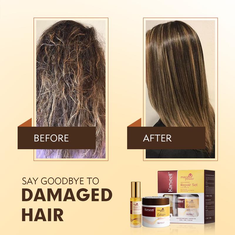 Karseell Collagen Hair Care Deep Moisturizing Mask + Argan Oil Treatment Set for All Hair Types 16.9 fl oz + 1.69 fl oz Haircare Repair Smooth Conditioner Hydrate Hydrating