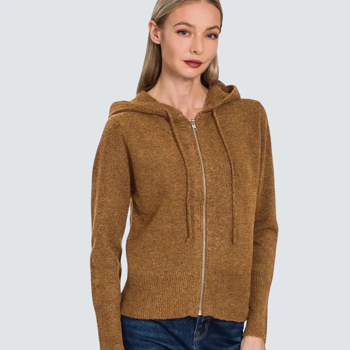 Zenana Deep Camel Drawstring Zip Up Hooded Cardigan - Long Sleeve, Casual Fit, Soft Knit, Winter Essential, Ribbed Cuffs & Hem, Women's Fashion Basic Womenswear