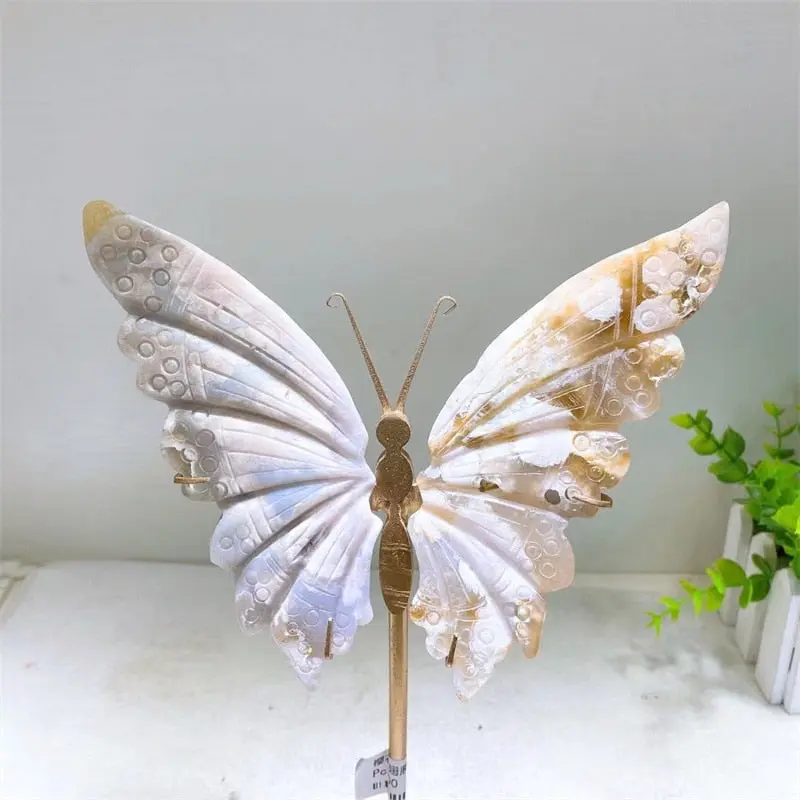 Natural Flower Agate Crystal Hand Carved Butterfly Wings Figurine