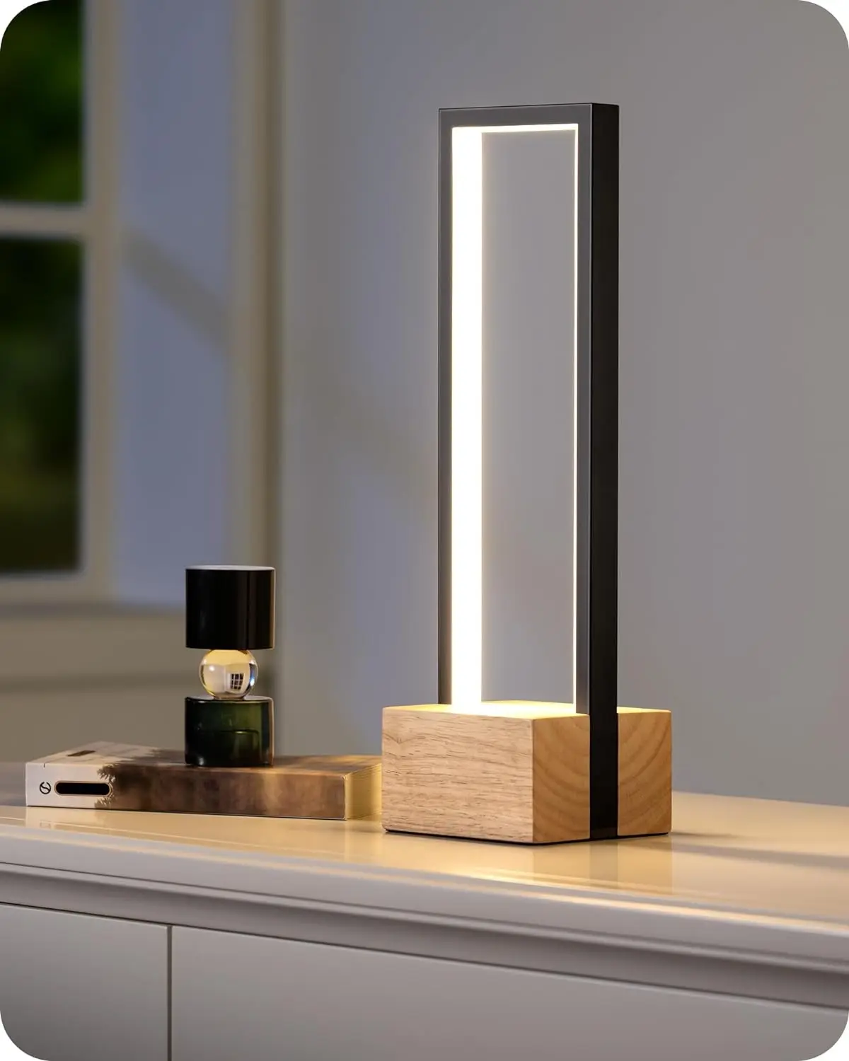 Dimmable LED Table Lamp - Modern Square Bedside Lamp with 3 Colors Temperature, MAX 350LM Brightness, Touch Control Nightstand Lamp for Bedroom, Black Aluminum Frame & Wooden Base