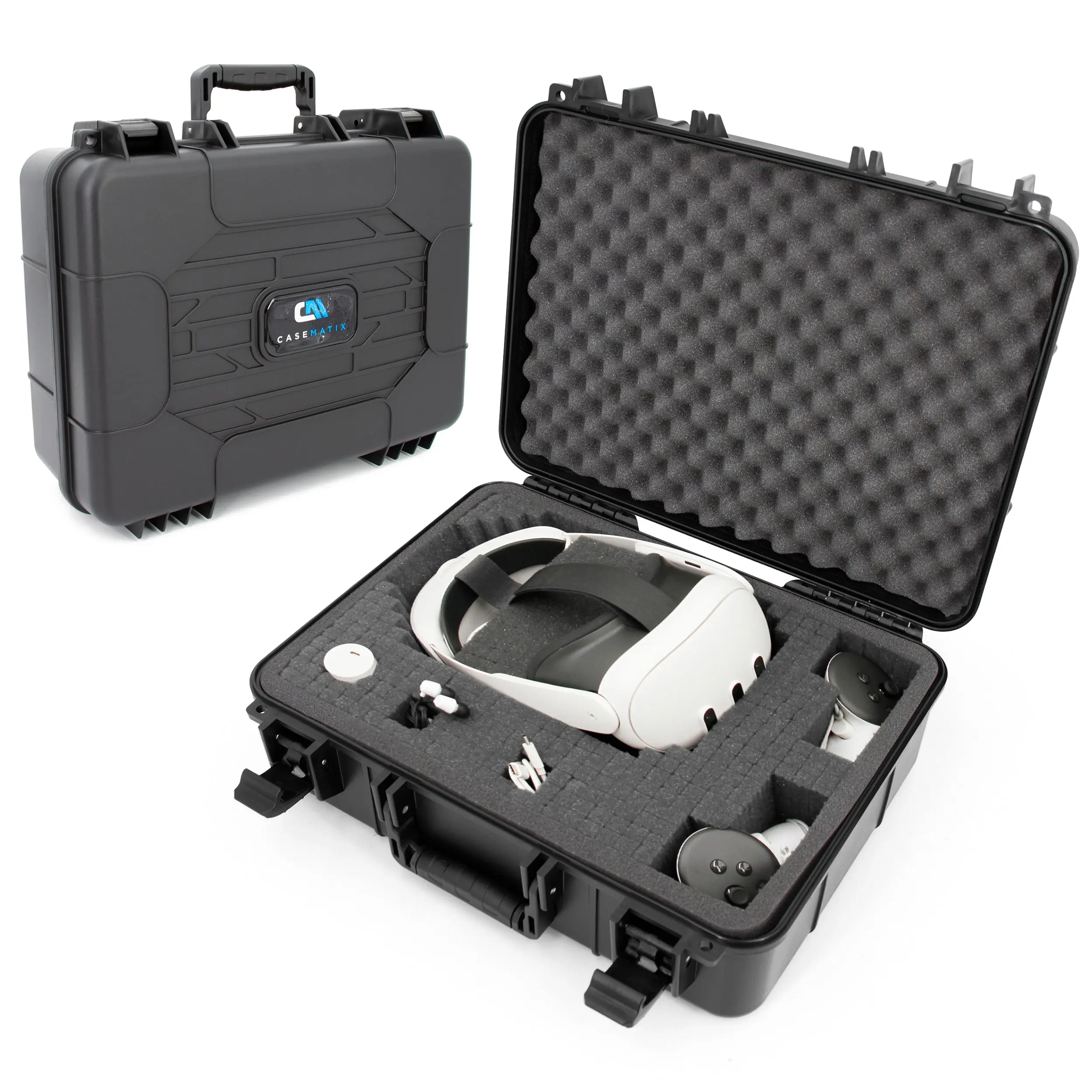 CASEMATIX Hard Case for Meta Quest 3S or Quest 2 with VR Gaming Headset & Accessories Customizable Foam Fits Elite Strap and More - Comfortable Carrying Handle and Briefcase Design Security