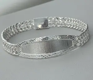 Sterling Silver 2 Row Curb 6-8", Diamond Square Cut Border 16mm, Engravable Bracelet, Made in Mexico (Please Add Name to "Add Notes" Section)