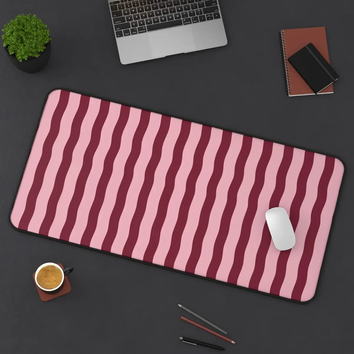 Pink Burgundy Wavy Lines Desk Mat, Large Non-slip Mouse Pad, Office Desk Accessories