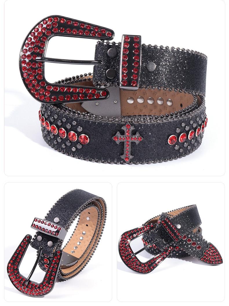 Unisex Crocodile Pattern Belt with Rhinestone Decorative Buckle Cross Pendant New Street Fashion Denim Belt Adjustable for Most Waist Sizes