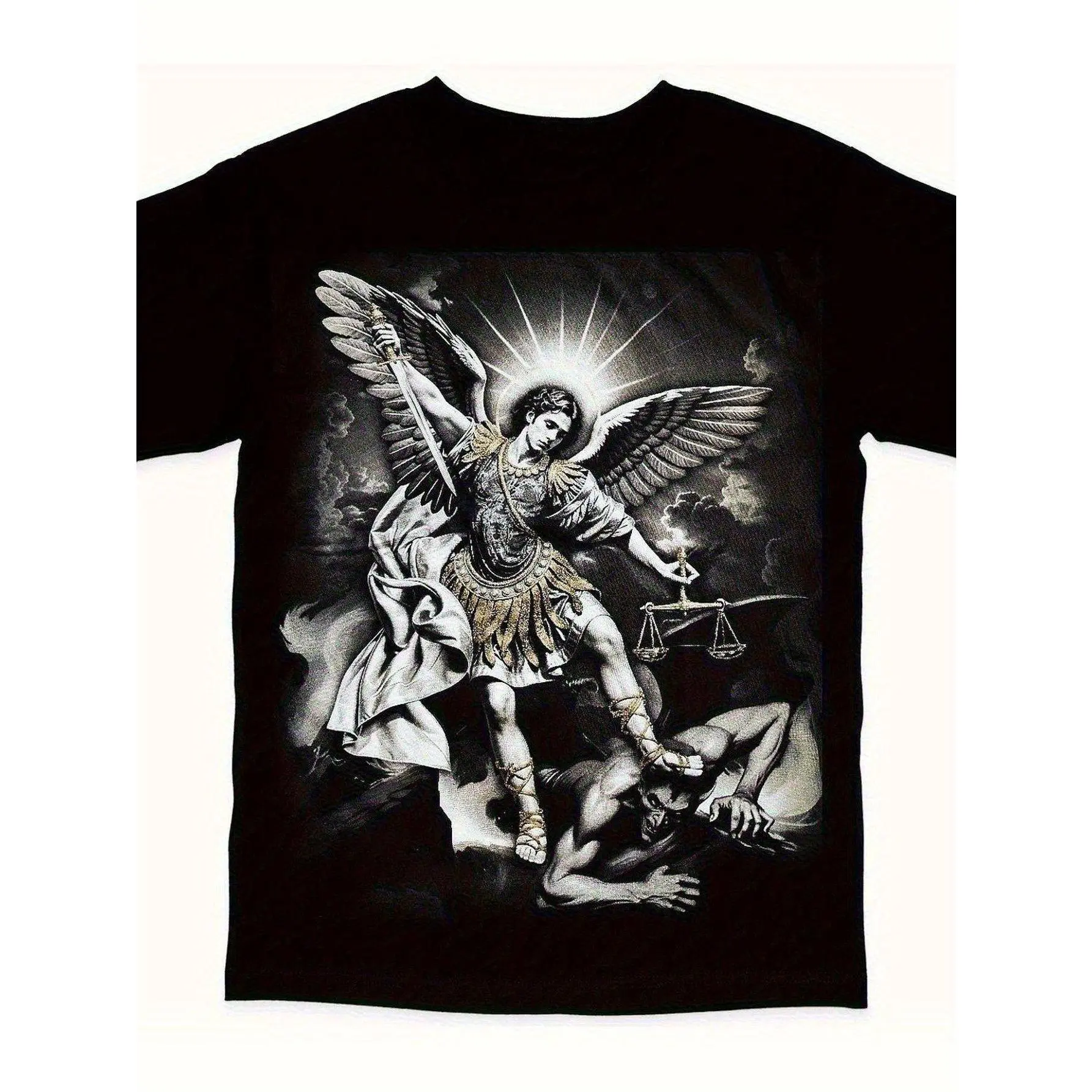 100% Cotton Archangel Michael Defeating Satan T-Shirt - Black Religious Battle Art Graphic Tee, Casual Short Sleeve Round Neck Shirt with Dramatic Michael & Satan Print, Loose Fit for Church Events, & Casual Attire
