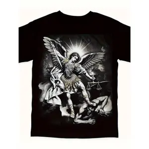 100% Cotton Archangel Michael Defeating Satan T-Shirt - Black Religious Battle Art Graphic Tee, Casual Short Sleeve Round Neck Shirt with Dramatic Michael & Satan Print, Loose Fit for Church Events, & Casual Attire