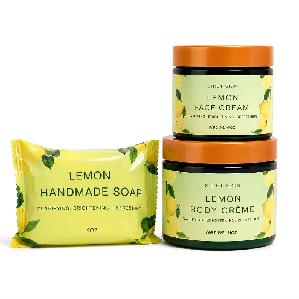 Siret Skin Lemon Hydrating Cleansing & Moisturizing Multi-Pack - Face+Body Matched Fresh and Clean Body-Safe Skin Care Kits (Face Moisturizer, Body Care Cream, Cleanser Soap), 3-In-1 Box Set Skin Care Kits