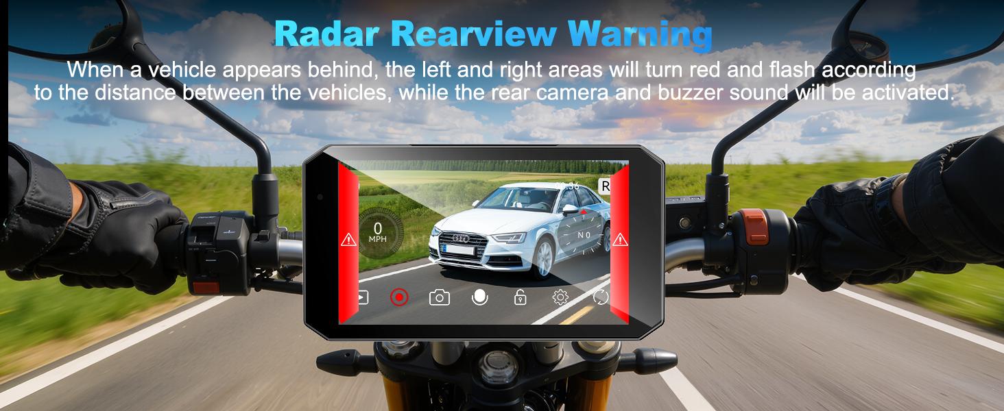 HURRA Motorcycle Carplay Android Auto with 5.5" Waterproof Touchscreen, TPMS, Millimeter Wave Radar, GPS Navigation,Dual 2K Dash Cam,BT,Real-time Alerts,OTA Updates,Quick Release Anti-Theft Mount