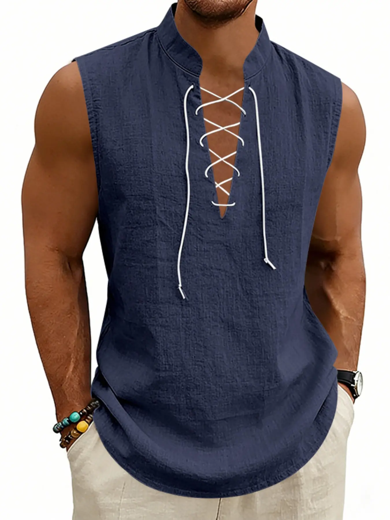 2026 Summer Men's Retro Casual Tie-Back Sleeveless Tank Top, Medieval Viking Pirate, Renaissance Festival Streetwear Cotton Linen T-Shirt