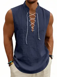 2026 Summer Men's Retro Casual Tie-Back Sleeveless Tank Top, Medieval Viking Pirate, Renaissance Festival Streetwear Cotton Linen T-Shirt
