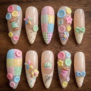 Coquette Press On Nails 3D Vintage Sewing Kit Patchwork Buttons Needle Spool
