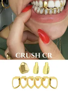 CRUSH CR 14/18K Gold Plated Minimalist Open Face Hollow-Out 6-Teeth Bottom Grillz Single Tooth Grillz Set, Gold Finish, Perfect for women and girls into Y2K aesthetic outfits, brunch dates daily commutes, hip hop concerts club nights birthday holiday gift