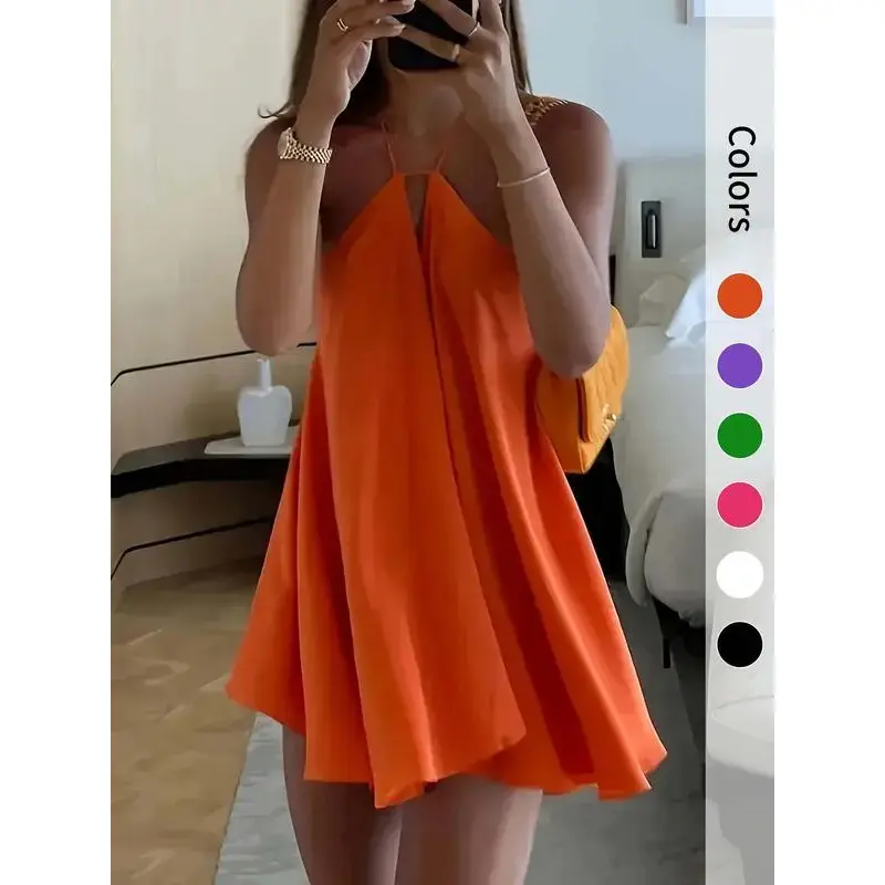 Women's Summer Halter Backless Mini Dress, Sexy A-Line Sleeveless Hollow Out Dress, Beach Vacation Casual Wear,  Evening Party Dresses