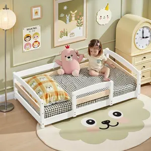 NEKODO Montessori Floor Bed with Dual Entrance,Easy Access,Wooden Low Montessori Floor Bed Frame with Safety Guardrails for Boys Girls,Kids Furniture Bedroom Safe Sleep Bed,White/Mist Blue/Sky