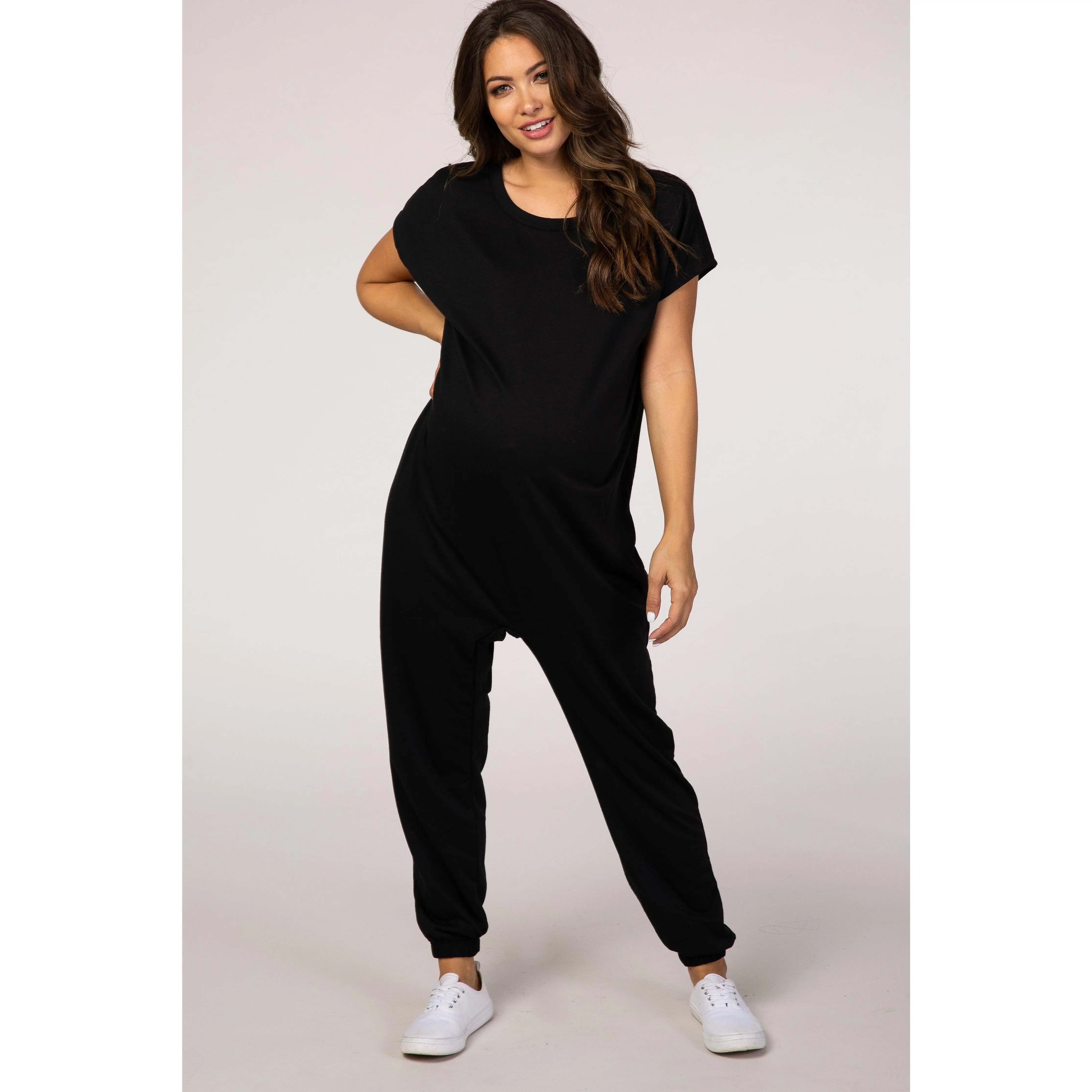 PinkBlush Black Short Sleeve Maternity Jumpsuit, Maternity Wear, Zip
