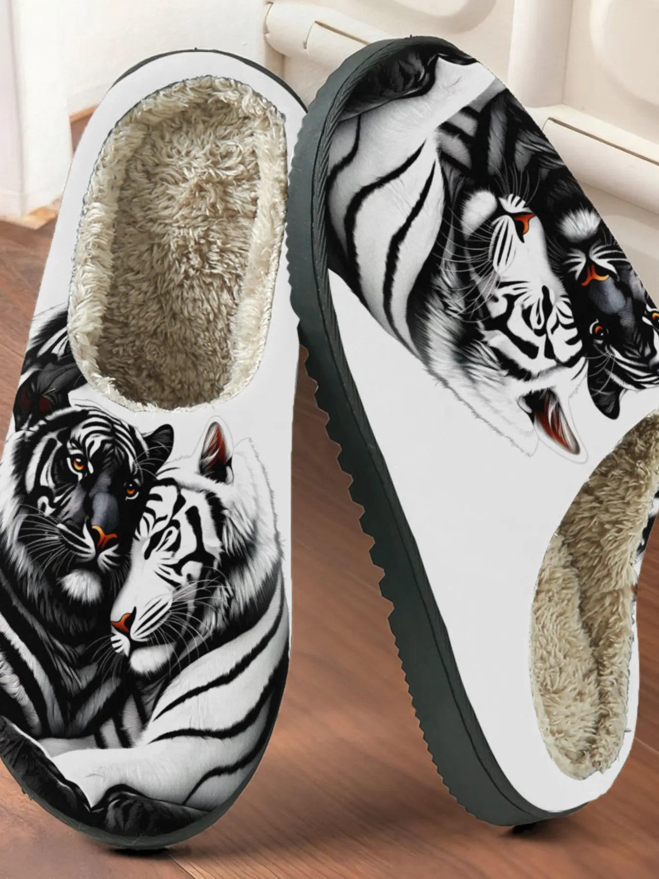 Men's Animal Print Cotton Slippers, & Tiger Design, Warm Textile Lining, Non-Slip Rubber Sole, Fall Winter Home Shoes