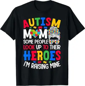 Summer t Shirts Autism Mom Raising Hero Groovy Messy Bun Autism Awareness T-Shirt Golf Gift T-Shirt For Men and Women