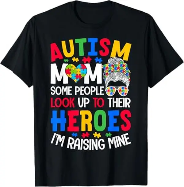Summer t Shirts Autism Mom Raising Hero Groovy Messy Bun Autism Awareness T-Shirt Golf Gift T-Shirt For Men and Women