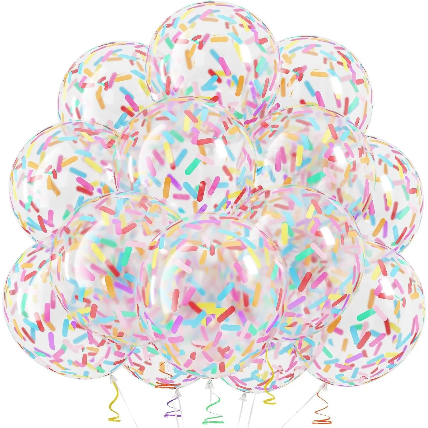 12-Inch Transparent Rainbow Confetti Glitter Latex Balloons Set, Colorful Multicolor Candyland Ice Cream Sprinkle Themed Bouquet Pack, Photo Props & Backdrop for Birthday Party Decorations