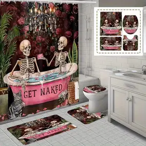 4 pcs Halloween Gothic style bathtub skull and flowers, exquisite shower curtain set, non-slip floor mat, U-shaped carpet, toilet lid cover, perfect for bathroom decoration, partition, beautify the space, 12 shower curtain hooks are given